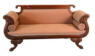 Empire Sofa, having carved frame and claw feet, height 37 inches, length 72 inches.