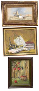 Three Piece Lot, to include a Charles J. Dorly watercolor, seascape, 12 1/2" x 24 1/2"; a still life, oil on canvas, signed M.C. Johnson lower right; 