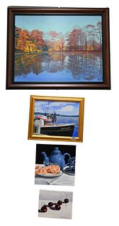 Four Piece Contemporary Art Lot, to include two Donald Moss (American, 1920 - 2010), "Chico-Jess" harbor, oil on canvas; and a landscape, both signed 