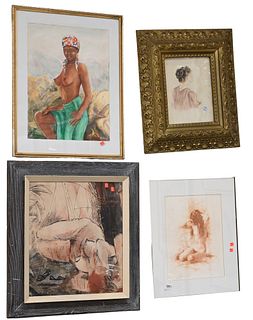 Group of Four Framed Pieces, to include Raoul Dupoux (1906 - 1988), nude woman, watercolor, 22" x 17"; watercolor of nude woman, signed illegibly; Ric