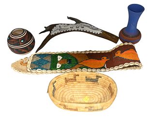 Table Lot of American Indian Items, to include Acoma pottery, baskets, beaded moccasins, hyde, antler, etc.