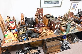 On Top and Below Table Lot, to include cloisonne, bronze animals, cork carvings, hat pins, stick phones, brass, copper, globe, pewter, antlers, etc.