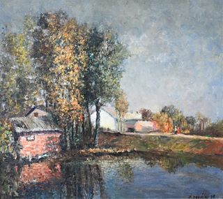Jaroslaw Zboinski (b. 1912), oil on canvas, landscape with pond, signed and dated lower right "J. Zboinski 35", in carved frame, 16 3/4" x 19".