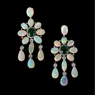 Opal, Emerald, Diamond and Silver Earrings
