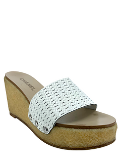 CHANEL Woven Leather Rubber Wedge Heel Slides Size 8.5