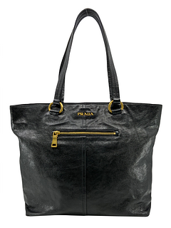 Prada Glazed Leather Front Zip Tote Bag