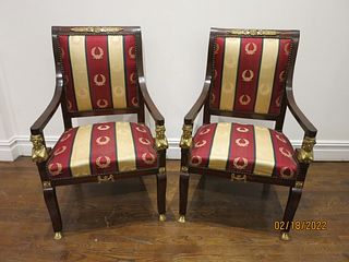 Pr. French Empire Style  Bronze Mounted Open Arm Chairs