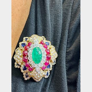 Platinum Diamond Emerald Ruby & Sapphire Brooch
