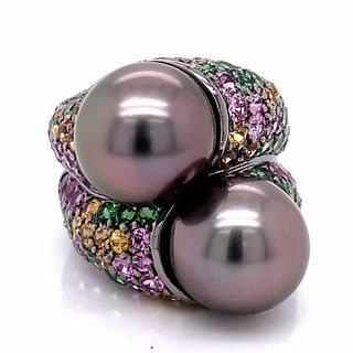18K White Gold South Sea Pearl and Sapphire Ring
