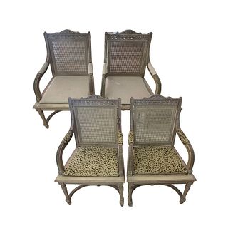 Set Of 4 Antique Wooden Wicker Back Arm Chairs
