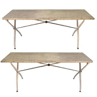 Pr Vintage Painted Iron Stone Top Console Tables