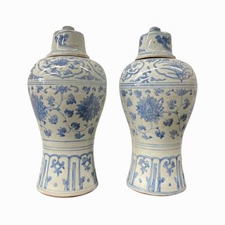 Pr Chinese Ming Blue & White Mei Ping Lotus Vases