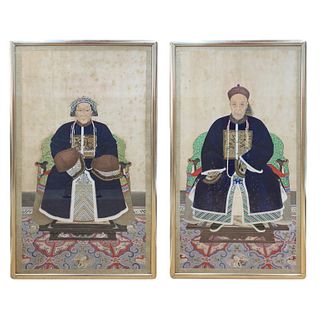 Pair Of Antique Chinese Oil Paintings on Paper