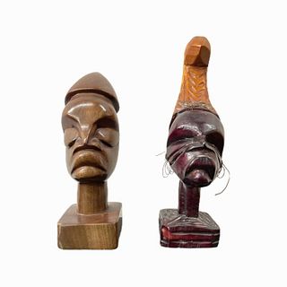 Two Vintage African Carved Wooden Busts