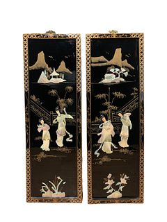 Pr Chinese MOP Inlaid Black Lacquer Wall Plaques