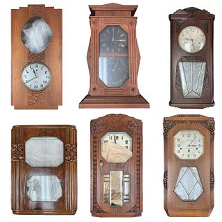 Lot of 6 Art Deco Era Large Wooden Wall Clocks