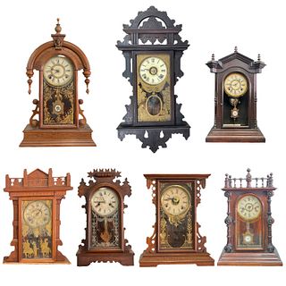 Lot of 7 Antique Wooden Case Bracket Mantel Clocks