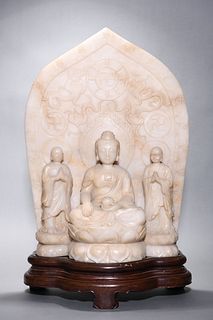 Ming: A Large Carved Jade Buddha with Two Disciples Ornament