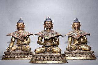 Ming Dynasty: A Set of Gilt Bronze three Treasures Buddha Statues