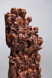 Qing Dynasty: A Carved Boxwood Eighteen Arhats Ornament