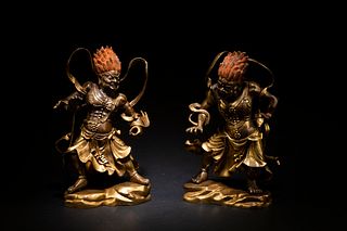Ming Dynasty: A Pair of Gilt Bronze Dharma Protectors Statues
