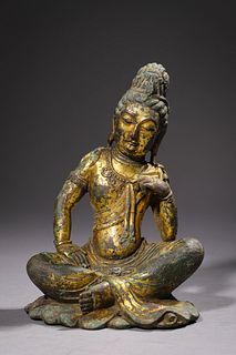 Tang Dynasty: A Gilt Bronze Seated Guanyin Statue