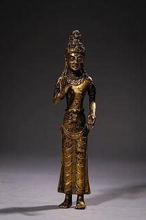 Dali Kingdom: A Gilt Bronze Standing Acuoye Buddha Statue