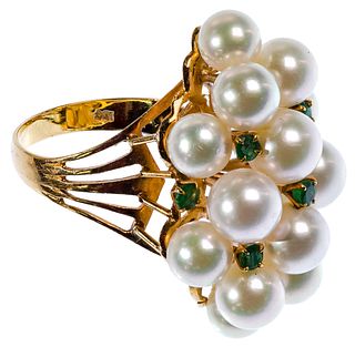 18k Yellow Gold, Pearl and Emerald Ring