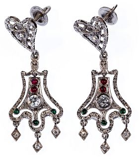 White Gold, Emerald, Ruby and Diamond Pierced Earrings