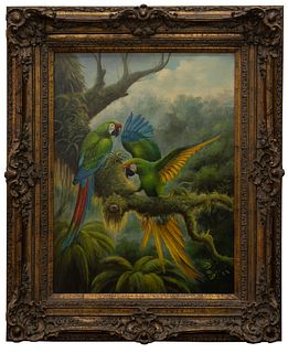 Unknown Artist (20th Century) 'Parrots' Oil on Canvas