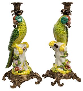 Ceramic and Brass Parrot Candlesticks