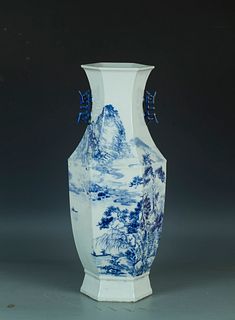 Qing Dynasty: A Hexagonal Shaped Blue and White Vase.Diam:17cm High:61.2cm