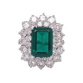Vintage Platinum Chatham Emerald & Diamond Ring