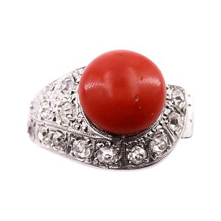 Art Deco 18k Gold Ring with Diamonds & Coral