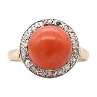 Antique 18k Gold Ring with Coral & Diamonds