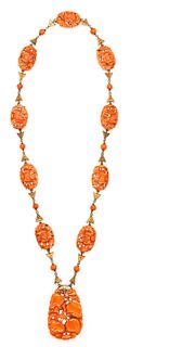 Art Deco necklace in 14k gold with carvings of natural coral