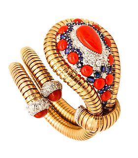 Tubogas Bracelet in 18k Gold with 44.39 Cts Diamonds Sapphires & Corals