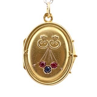 Antique Rubies & Sapphires 14k Gold Locket Pendant