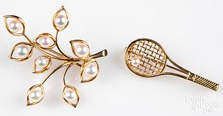 Two 14K gold and pearl pins