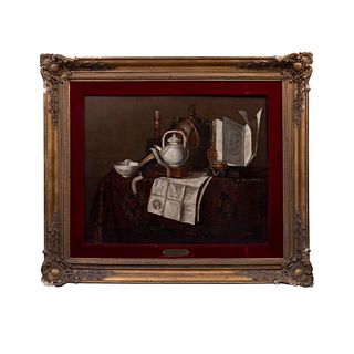 LOTE CON PRECIOS DE RECUPERACIÓN.  PIETER GERRITZ VAN ROESTRATEN  (Holanda 1630 - 1700) Naturaleza muerta con tetera, libros y...