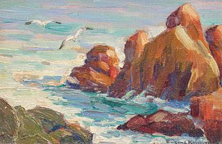 Eugene Krischt California Coastal Rocks & Seagulls Painting c1920s