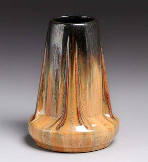 Fulper Pottery Orange & Mirror Black Flambe Buttress Vase c1910