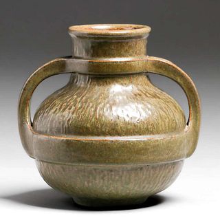 Fulper Pottery #587 Matte Green Two-Handled Vase c1910