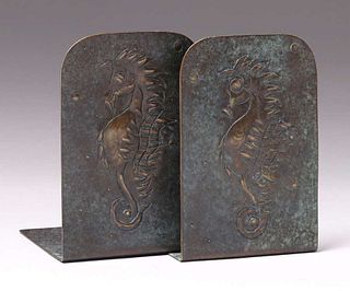 German Arts & Crafts Hammered Brass Seahorse Bookends c1910