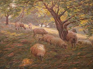 Charles Franklin Chamberlain Impressionist Painting of Sheep c1920s