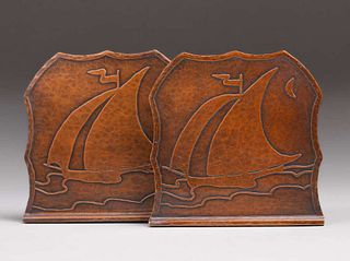 Arts & Crafts Hammered Copper Acid-Etched Sailing Ship Bookends c1920