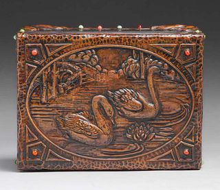 Arts & Crafts Hammered Copper Swan Box c1910