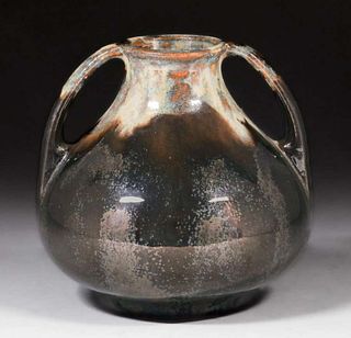 Fulper Pottery Two-Handled Mottled Ivory Mirror Black Vase c1910s