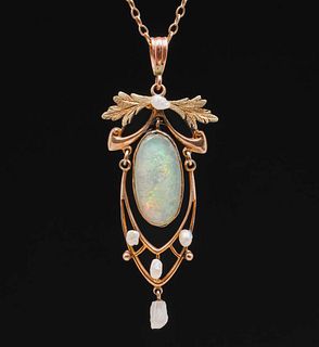 Boston Arts & Crafts 14k Gold, Opal & Pearl Pendant Necklace c1905