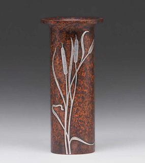 Heintz #3581E Sterling on Bronze Cattail Overlay Vase c1915
